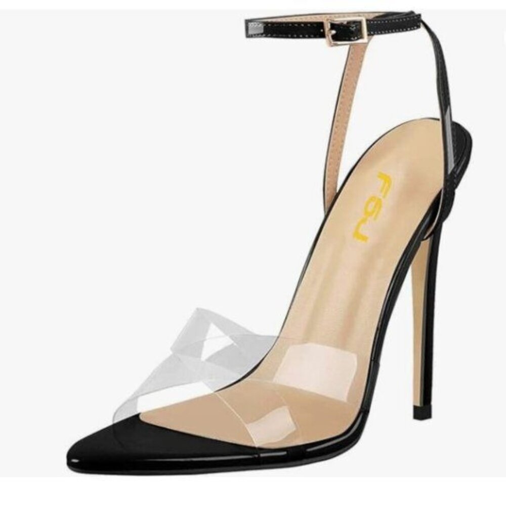 FSJ Black Clear Peep Toe Cross PVC Band High Heel Ankle Strap Slingback Sandal